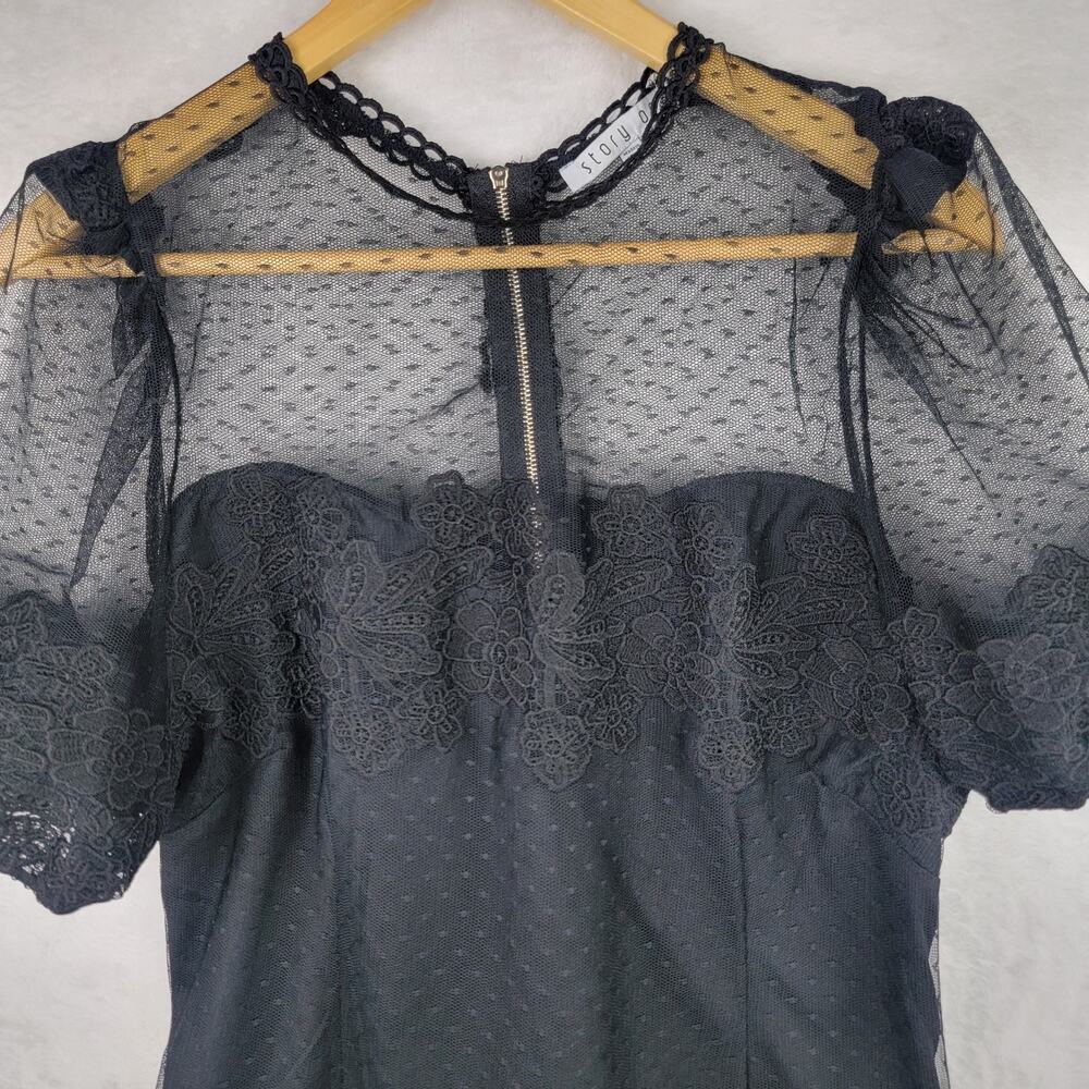 Goth Large Women Crop Top Knit Black Lace Overlay Bustier Short Sleeve Grunge - Picture 2 of 14